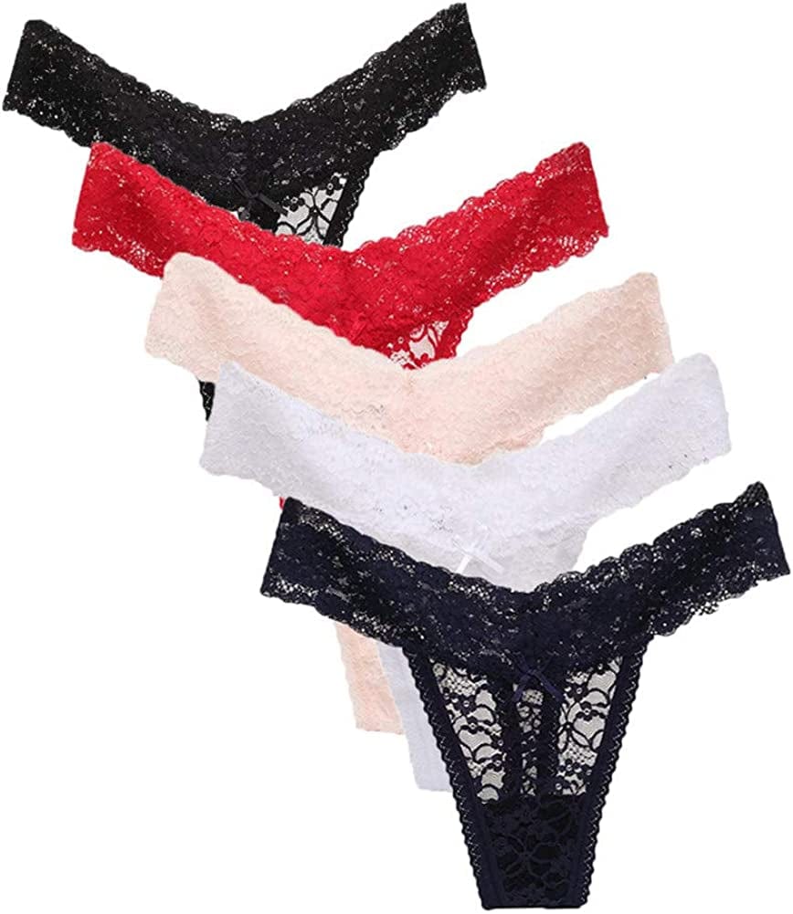 Women'S Sexy Lace Thongs V Cheeky Underwear See through Panties Pack of 5 A08-5pcs / X-Large