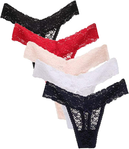 Women'S Sexy Lace Thongs V Cheeky Underwear See through Panties Pack of 5 A08-5pcs / X-Large