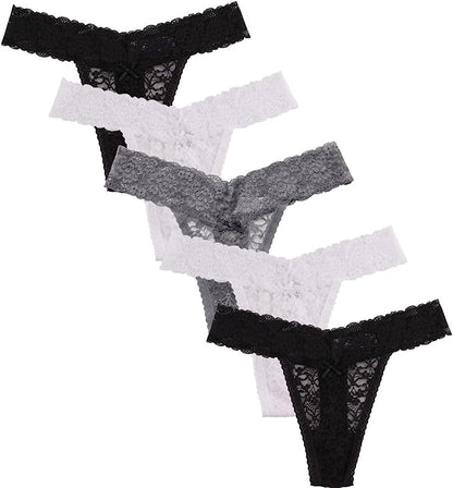 Women'S Sexy Lace Thongs V Cheeky Underwear See through Panties Pack of 5 2*black, 2*white, 1*gray / Small