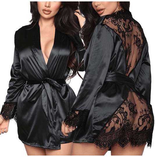 Women'S Sexy Lace-Trim Robe Long Sleeve Satin Kimono Sleepwear Bridesmaid Wedding Party Nightwear Apparel & Accessories > Clothing > Sleepwear & Loungewear > Robes Ekaliy 364 Black Small 