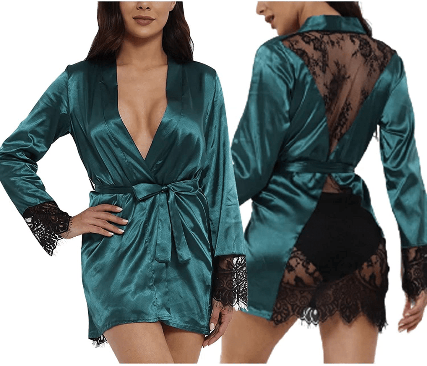Women'S Sexy Lace-Trim Robe Long Sleeve Satin Kimono Sleepwear Bridesmaid Wedding Party Nightwear Apparel & Accessories > Clothing > Sleepwear & Loungewear > Robes Ekaliy 364 Dark Green Large 