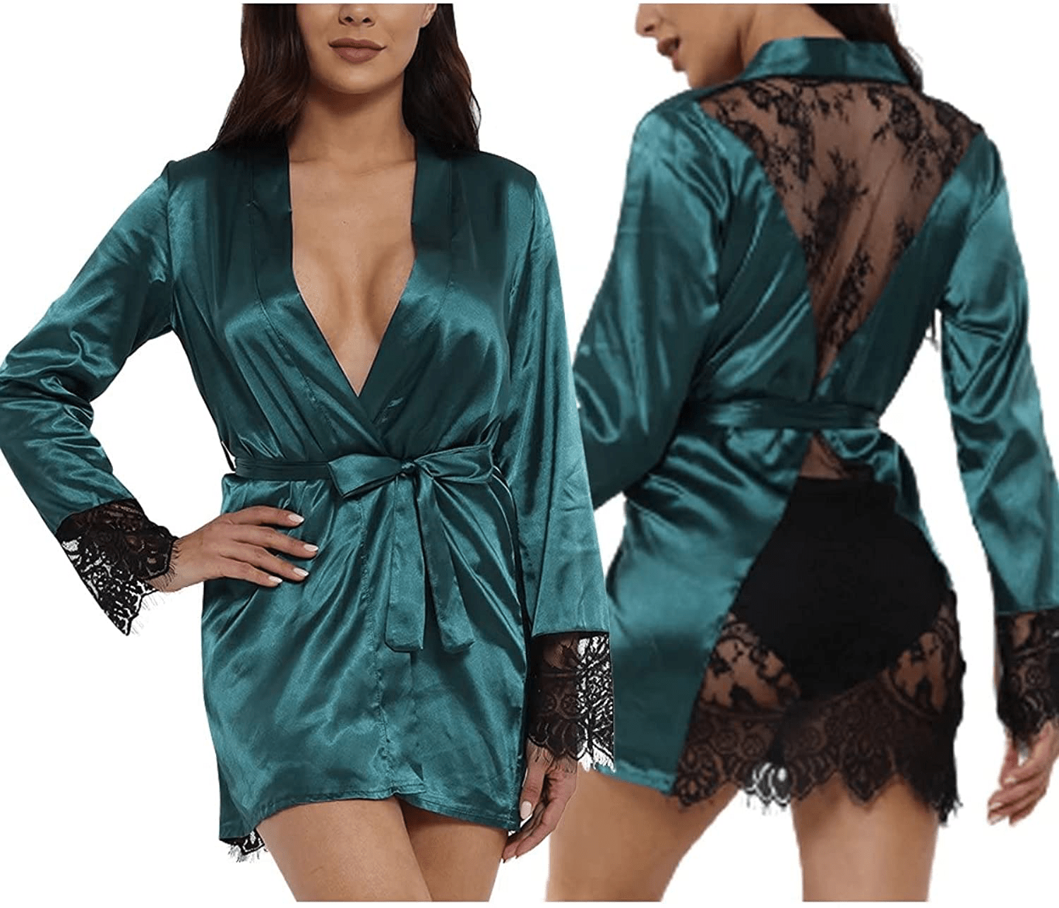 Women'S Sexy Lace-Trim Robe Long Sleeve Satin Kimono Sleepwear Bridesmaid Wedding Party Nightwear Apparel & Accessories > Clothing > Sleepwear & Loungewear > Robes Ekaliy 364 Dark Green Large 