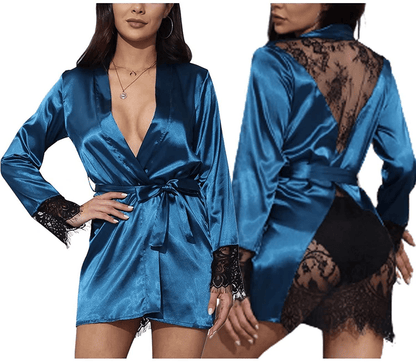 Women'S Sexy Lace-Trim Robe Long Sleeve Satin Kimono Sleepwear Bridesmaid Wedding Party Nightwear Apparel & Accessories > Clothing > Sleepwear & Loungewear > Robes Ekaliy 364 Peacock Blue Large 