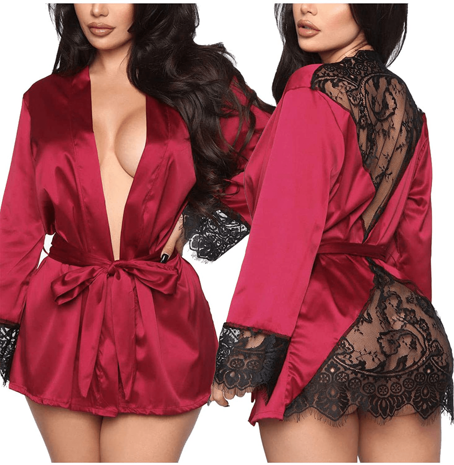 Women'S Sexy Lace-Trim Robe Long Sleeve Satin Kimono Sleepwear Bridesmaid Wedding Party Nightwear Apparel & Accessories > Clothing > Sleepwear & Loungewear > Robes Ekaliy 364 Red XX-Large 