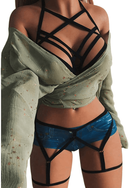 Women'S Sexy Lingerie Strappy Bralette G-String Deep V Cage Harness Bras Thongs Underwear Babydolls Letter Bikini Apparel & Accessories > Clothing > Underwear & Socks > Shapewear aneralied Black Small 