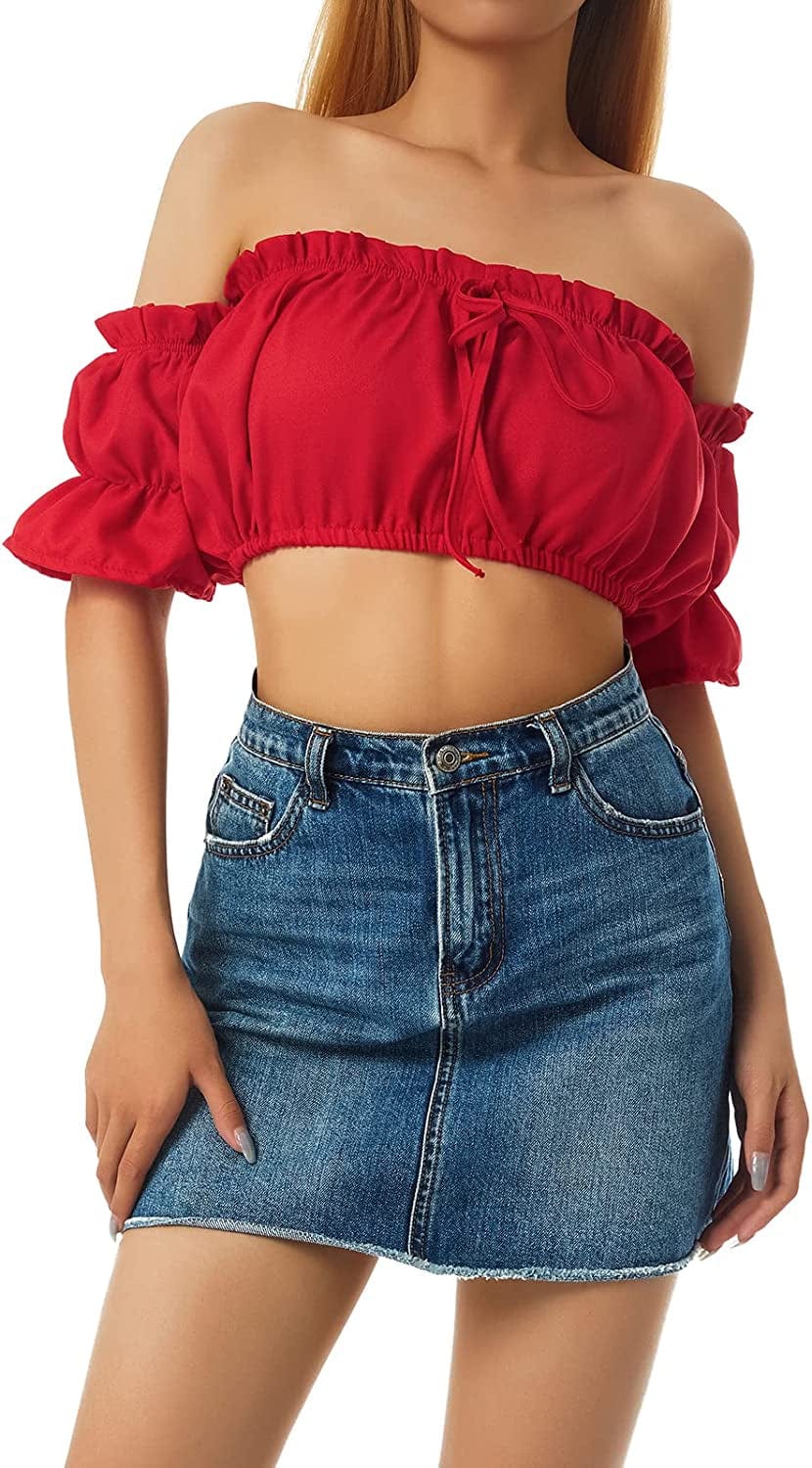 Women'S Sexy off the Shoulder Crop Top Solid Color Ruffled Short Sleeve Tube Cropped Blouse Tops A-red / X-Large