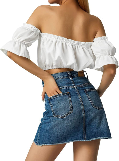 Women'S Sexy off the Shoulder Crop Top Solid Color Ruffled Short Sleeve Tube Cropped Blouse Tops
