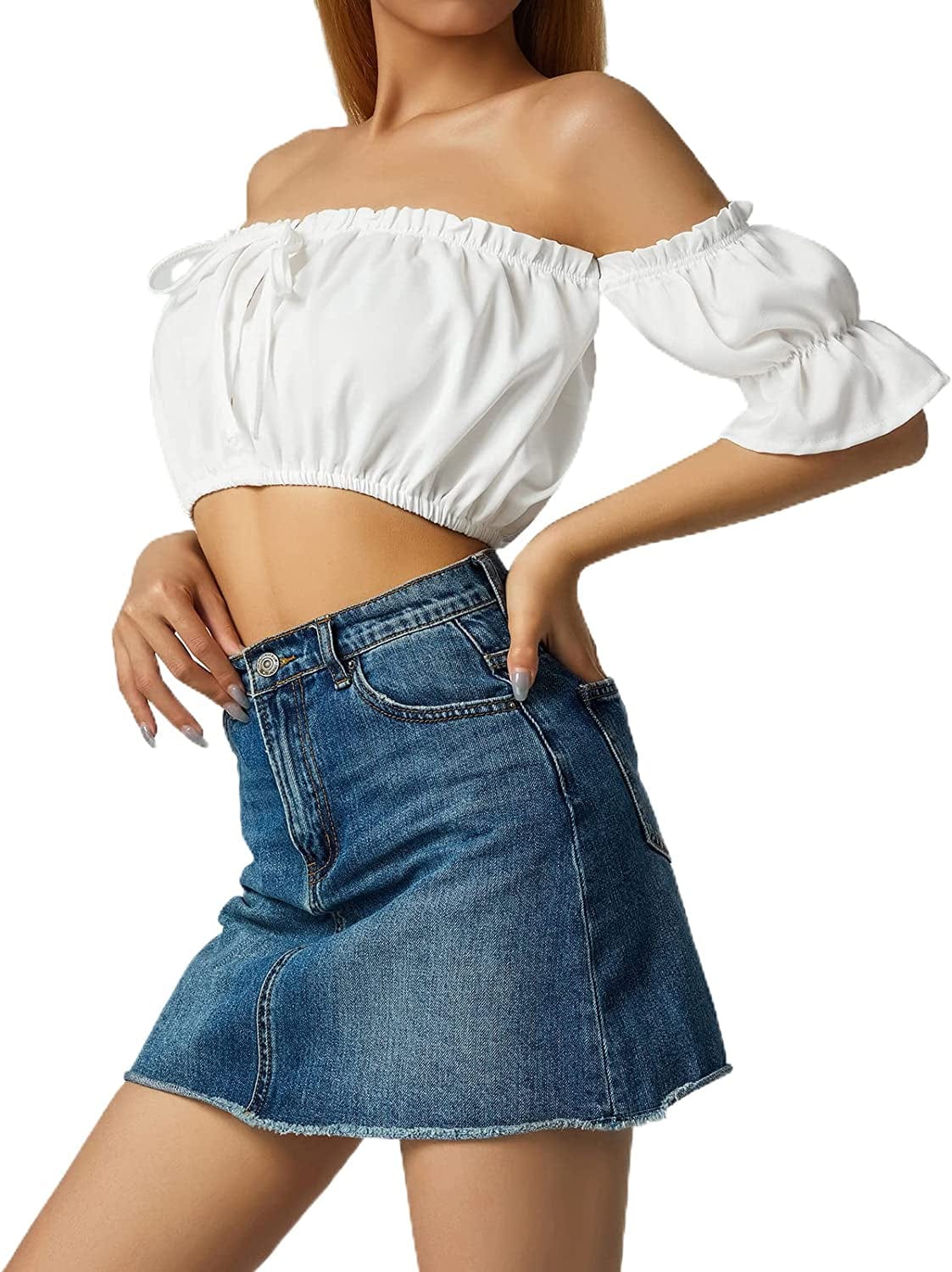 Women'S Sexy off the Shoulder Crop Top Solid Color Ruffled Short Sleeve Tube Cropped Blouse Tops
