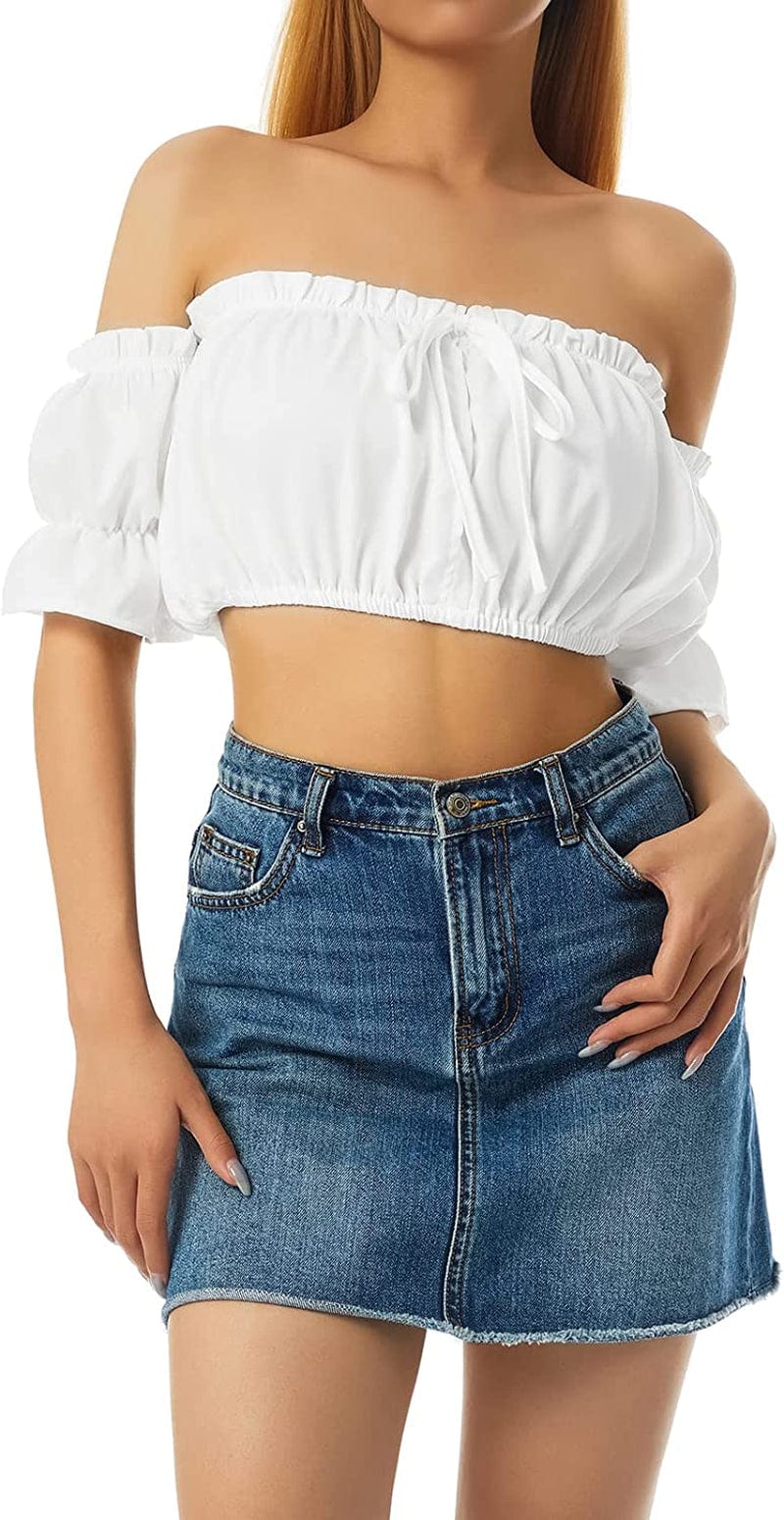 Women'S Sexy off the Shoulder Crop Top Solid Color Ruffled Short Sleeve Tube Cropped Blouse Tops