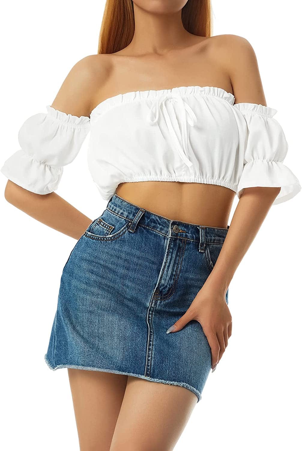 Women'S Sexy off the Shoulder Crop Top Solid Color Ruffled Short Sleeve Tube Cropped Blouse Tops A-white / X-Large