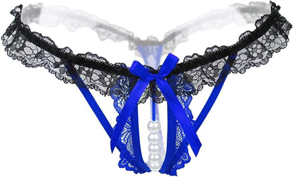 Women’S Sexy Panties,Lace Thongs G-String with Pearls Ball Blue / X-Large