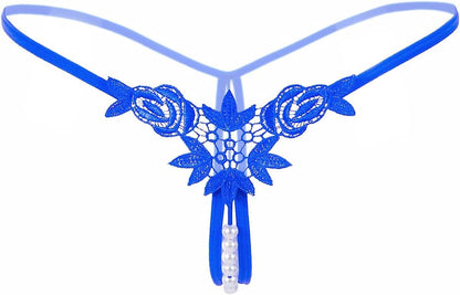 Women’S Sexy Panties,Lace Thongs G-String with Pearls Ball Style2-blue / Medium