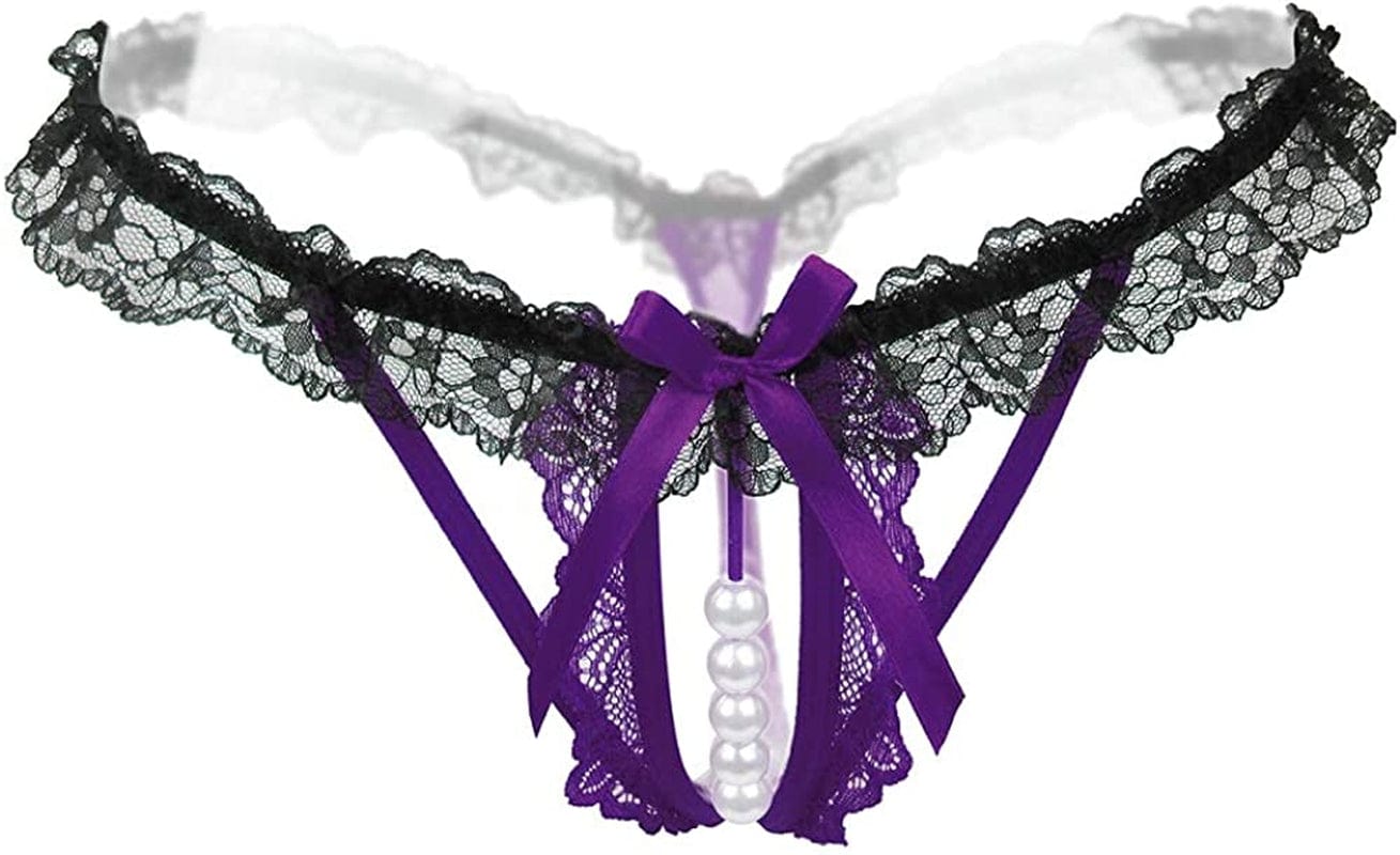 Women’S Sexy Panties,Lace Thongs G-String with Pearls Ball Purple / Large