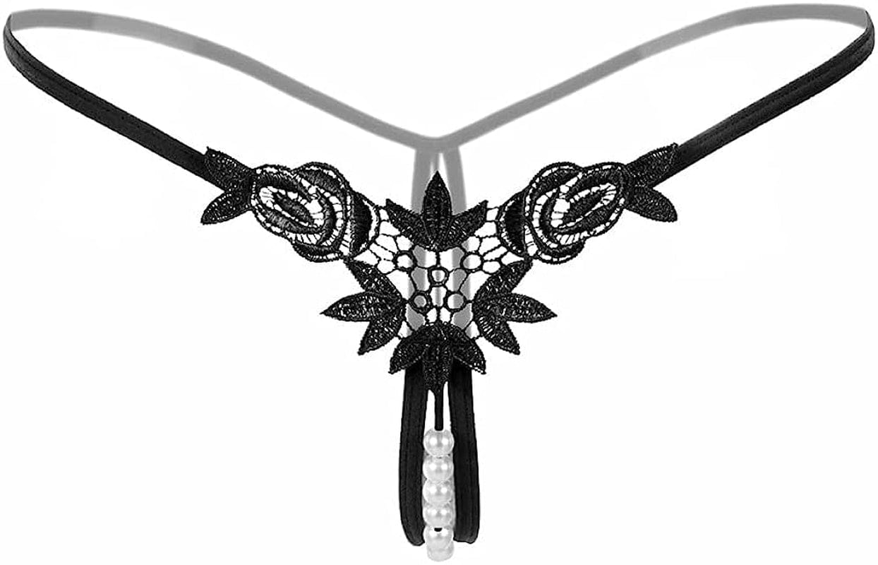 Women’S Sexy Panties,Lace Thongs G-String with Pearls Ball Style2-black / Medium