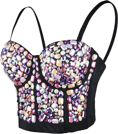 Women'S Sexy Rhinestone Bustier Crop Top Club Party Glitter Corset Top Bra Purple Black / Large