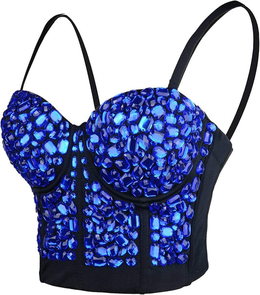 Women'S Sexy Rhinestone Punk Bustier Crop Top Push up Corset Bra Blue Small