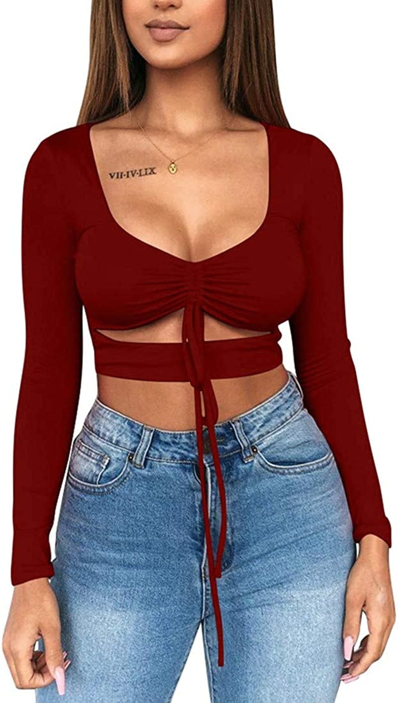 Women'S Sexy Ruched Tie up Crop Top Basic Long Sleeve Cut Out T Shirt Long Sleeve Wine Red / X-Small
