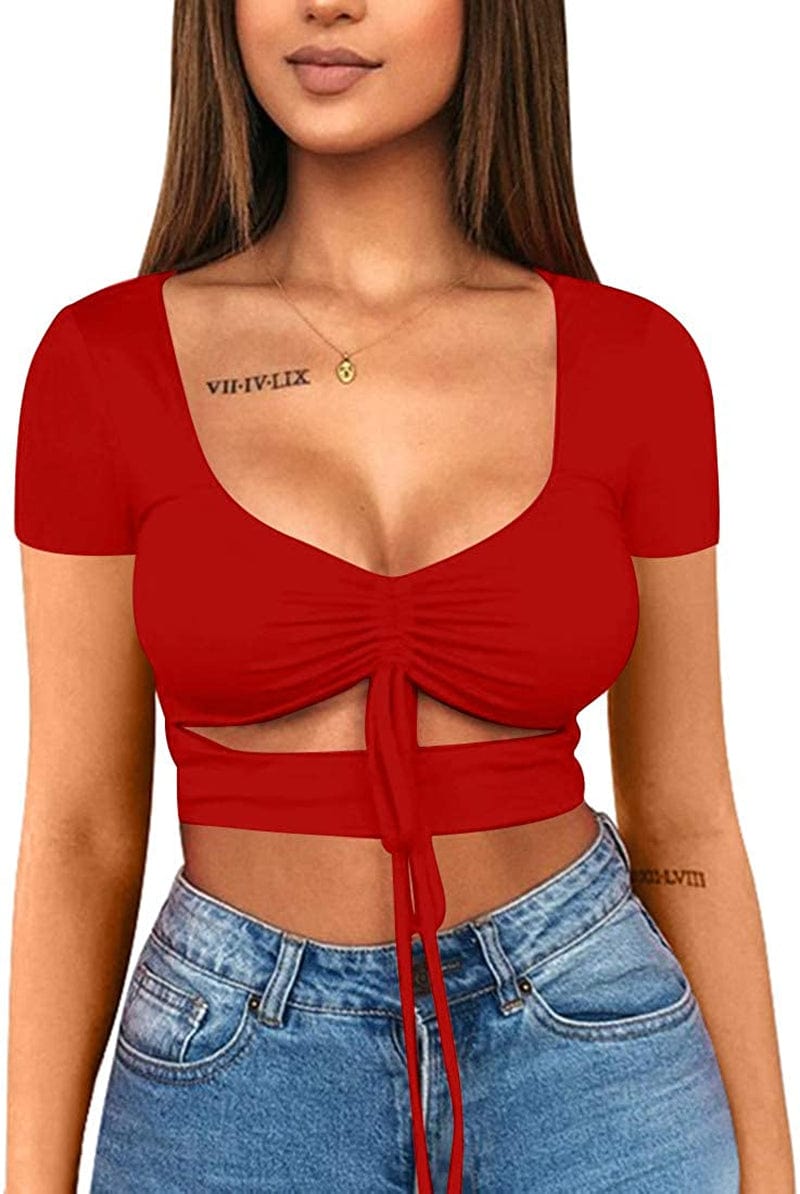 Women'S Sexy Ruched Tie up Crop Top Basic Long Sleeve Cut Out T Shirt Short Sleeve Red / X-Small
