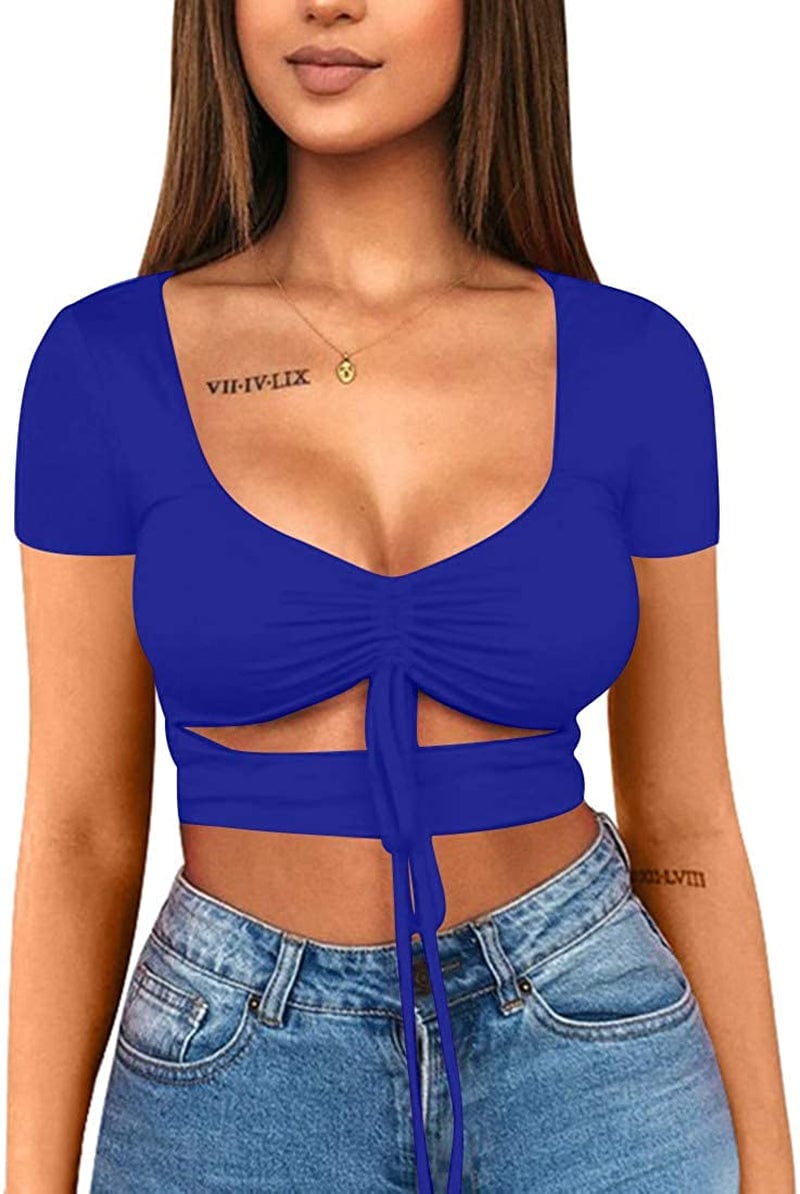 Women'S Sexy Ruched Tie up Crop Top Basic Long Sleeve Cut Out T Shirt Short Sleeve Royal Blue / X-Small