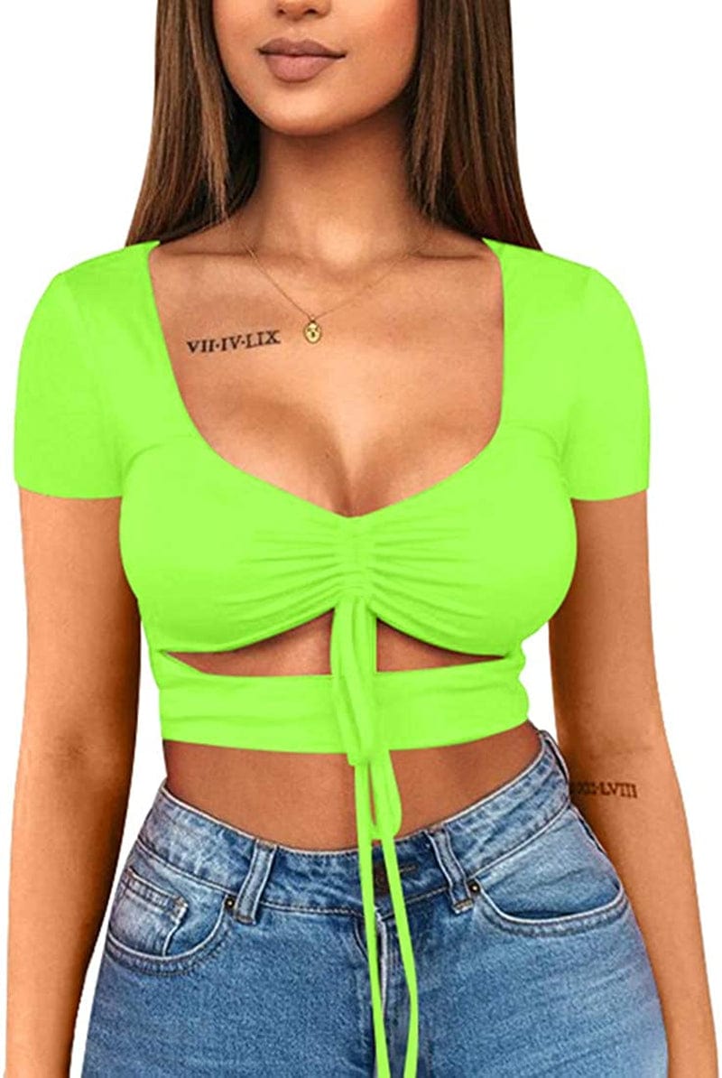 Women'S Sexy Ruched Tie up Crop Top Basic Long Sleeve Cut Out T Shirt Short Sleeve Light Green / X-Small