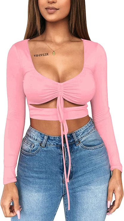 Women'S Sexy Ruched Tie up Crop Top Basic Long Sleeve Cut Out T Shirt Pink / X-Small