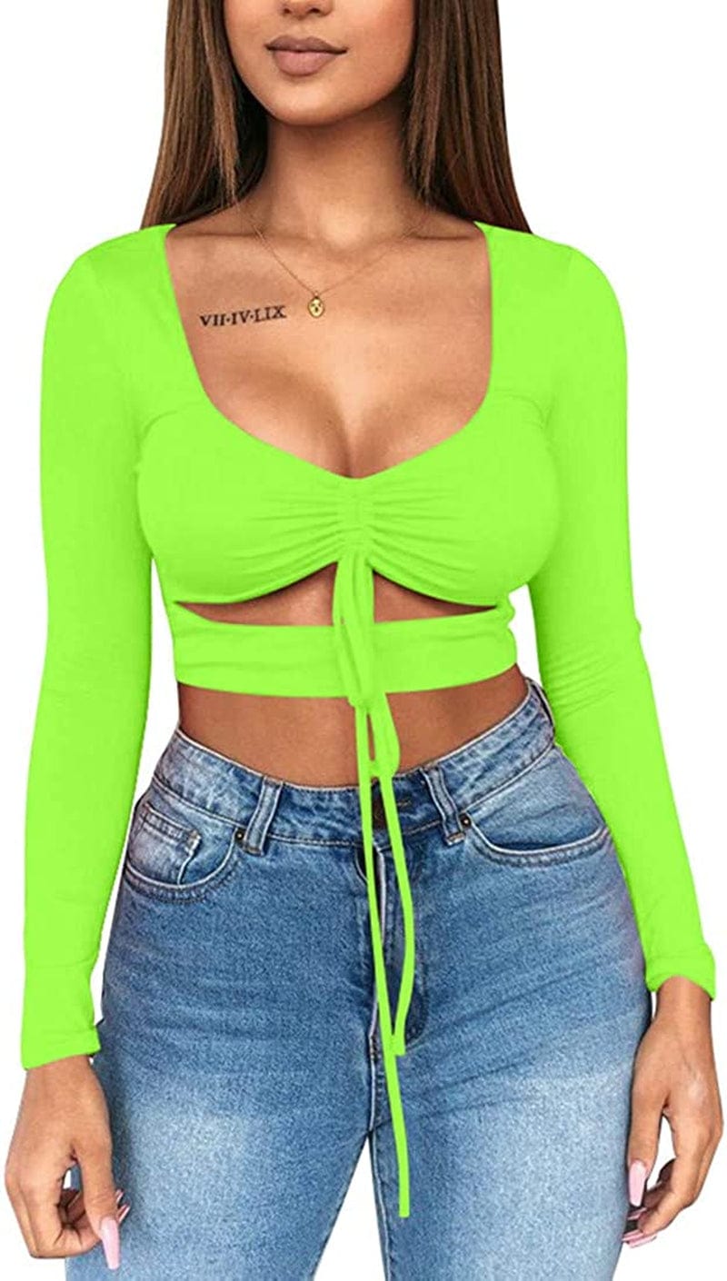 Women'S Sexy Ruched Tie up Crop Top Basic Long Sleeve Cut Out T Shirt Long Sleeve Light Green / X-Small