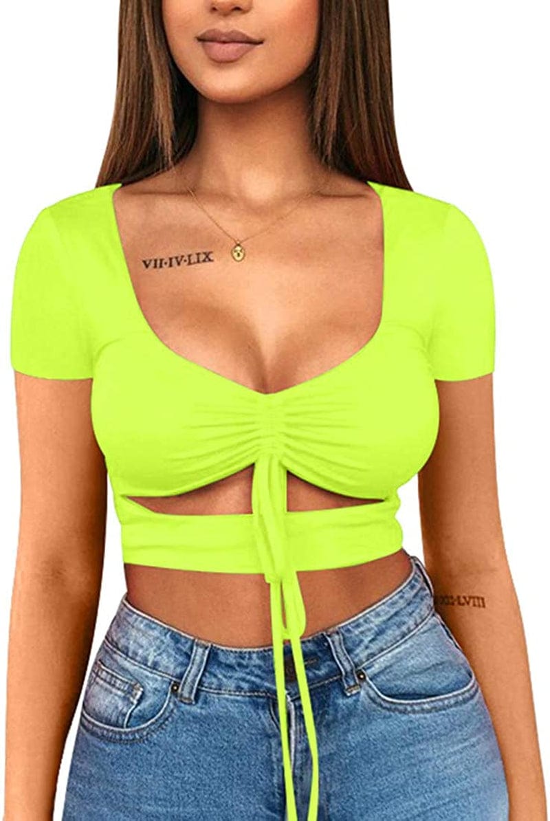 Women'S Sexy Ruched Tie up Crop Top Basic Long Sleeve Cut Out T Shirt Short Sleeve Fluogreen / X-Small