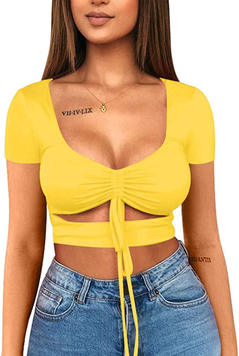 Women'S Sexy Ruched Tie up Crop Top Basic Long Sleeve Cut Out T Shirt Short Sleeve Yellow / X-Small