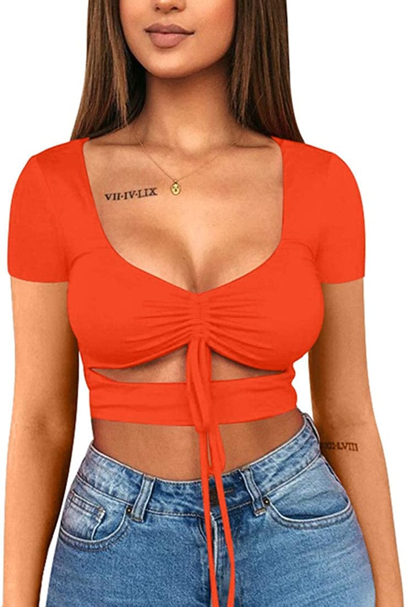 Women'S Sexy Ruched Tie up Crop Top Basic Long Sleeve Cut Out T Shirt Short Sleeve Orange / X-Small