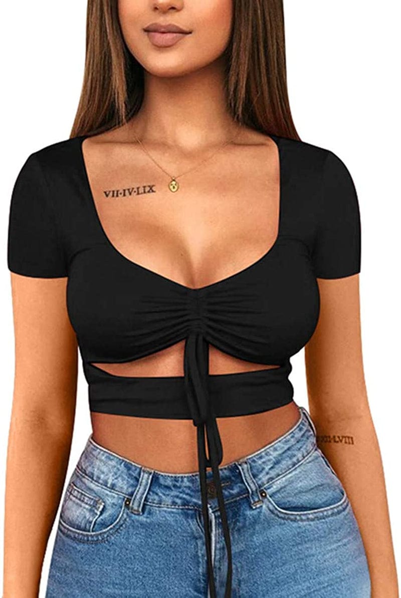 Women'S Sexy Ruched Tie up Crop Top Basic Long Sleeve Cut Out T Shirt Short Sleeve Black / X-Small