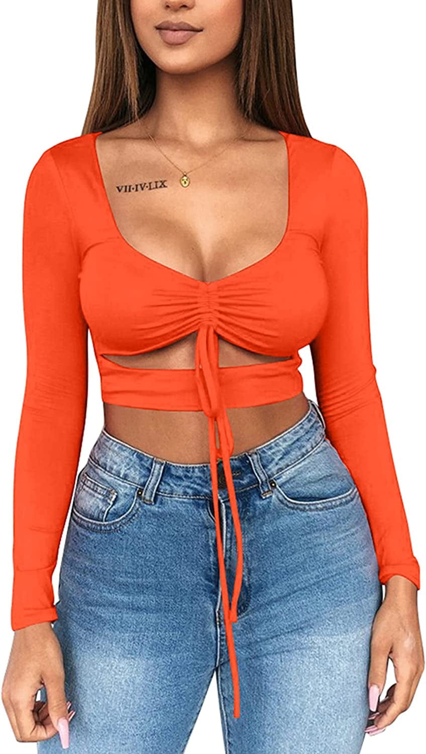 Women'S Sexy Ruched Tie up Crop Top Basic Long Sleeve Cut Out T Shirt Long Sleeve Orange / X-Small