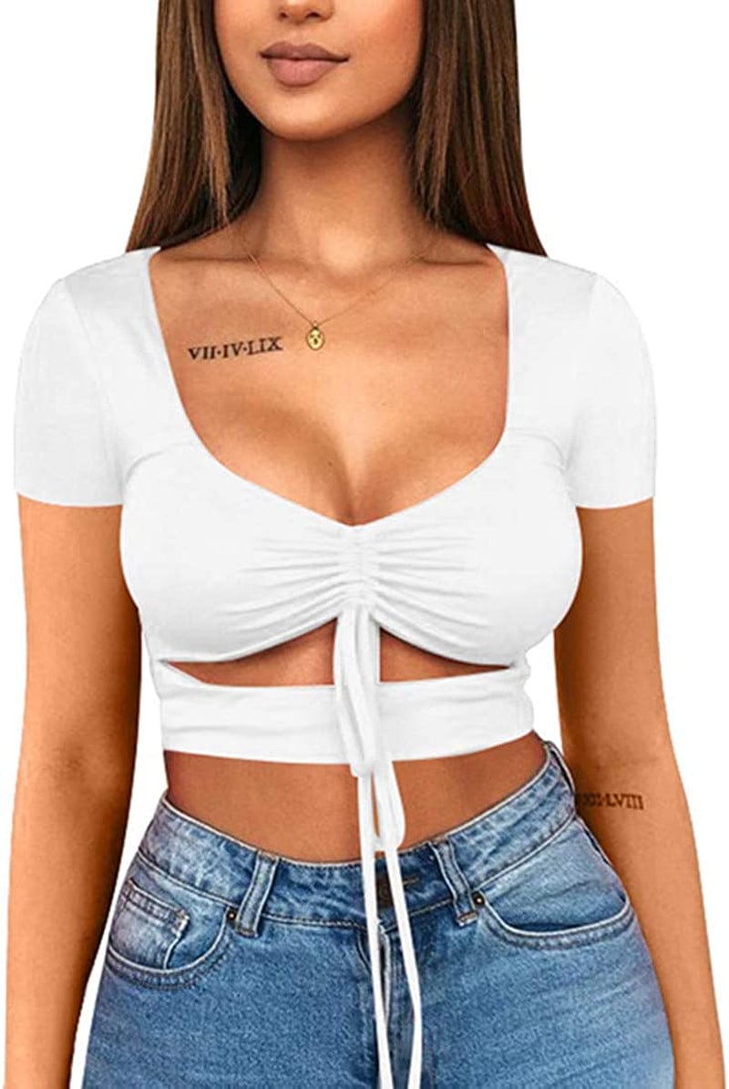 Women'S Sexy Ruched Tie up Crop Top Basic Long Sleeve Cut Out T Shirt Short Sleeve White / X-Small