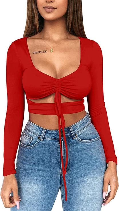 Women'S Sexy Ruched Tie up Crop Top Basic Long Sleeve Cut Out T Shirt Red / X-Small