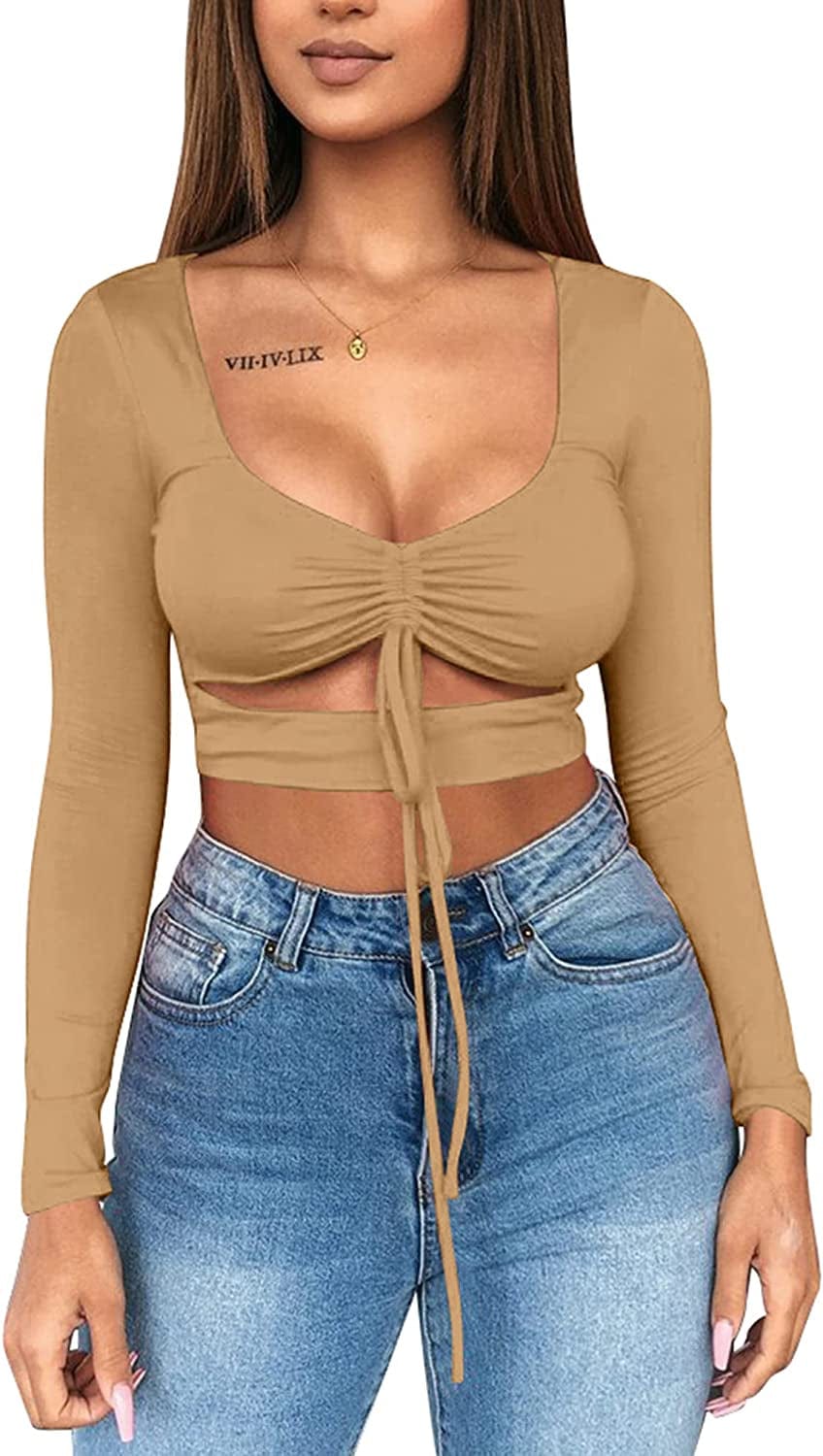 Women'S Sexy Ruched Tie up Crop Top Basic Long Sleeve Cut Out T Shirt Khaki / X-Small