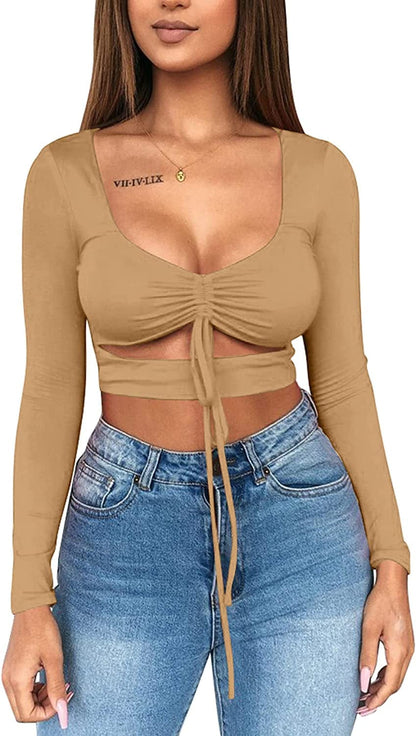 Women'S Sexy Ruched Tie up Crop Top Basic Long Sleeve Cut Out T Shirt Khaki / X-Small