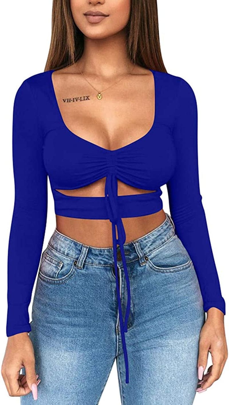 Women'S Sexy Ruched Tie up Crop Top Basic Long Sleeve Cut Out T Shirt Long Sleeve Royal Blue / X-Small