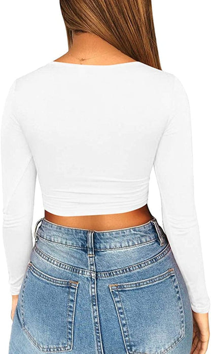 Women'S Sexy Ruched Tie up Crop Top Basic Long Sleeve Cut Out T Shirt