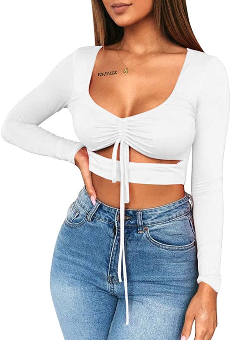Women'S Sexy Ruched Tie up Crop Top Basic Long Sleeve Cut Out T Shirt