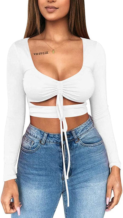 Women'S Sexy Ruched Tie up Crop Top Basic Long Sleeve Cut Out T Shirt Long Sleeve White / X-Small