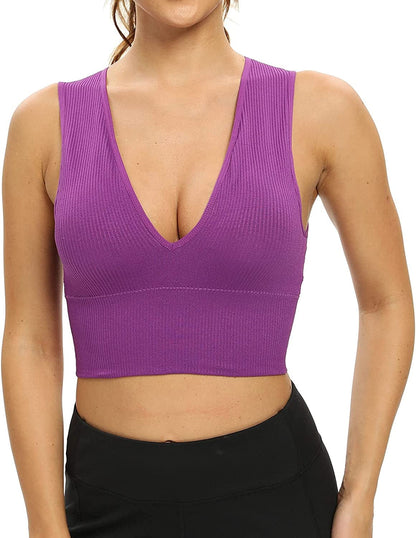 Women'S Sexy Sleeveless Seamless Crop Top Deep Plunge V Neck Ribbed Tank Top with Removable Pads Purple / X-Large