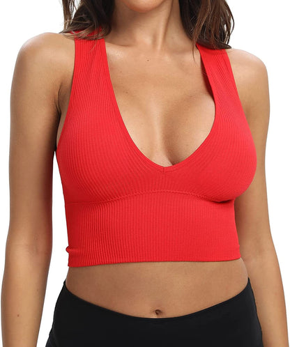 Women'S Sexy Sleeveless Seamless Crop Top Deep Plunge V Neck Ribbed Tank Top with Removable Pads Red / Medium