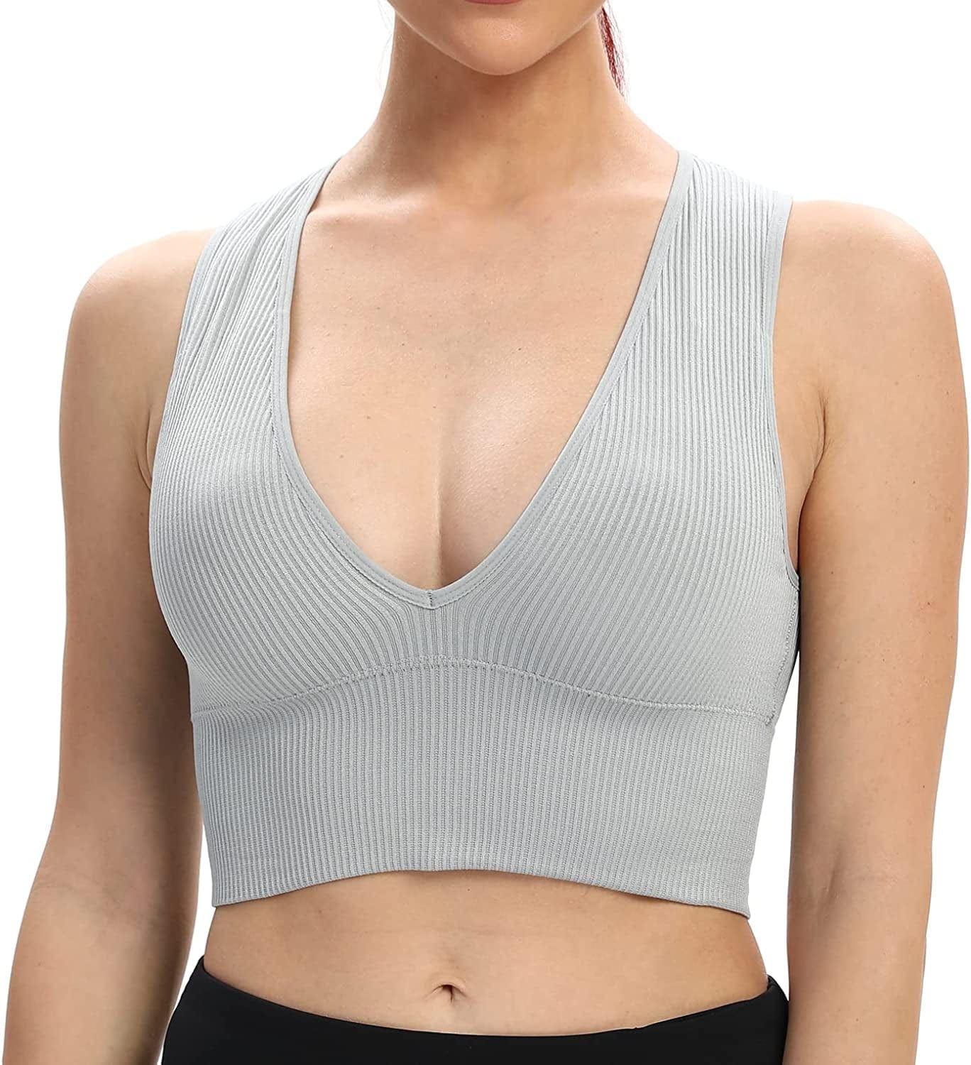 Women'S Sexy Sleeveless Seamless Crop Top Deep Plunge V Neck Ribbed Tank Top with Removable Pads Light Grey / Large