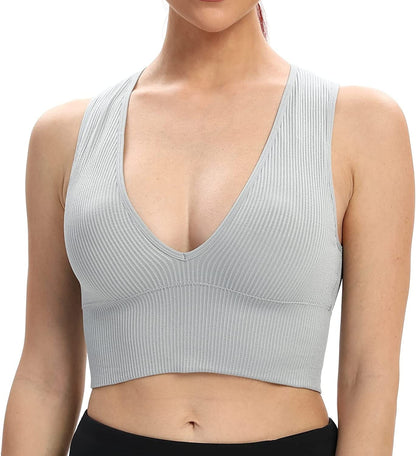 Women'S Sexy Sleeveless Seamless Crop Top Deep Plunge V Neck Ribbed Tank Top with Removable Pads Light Grey / Large