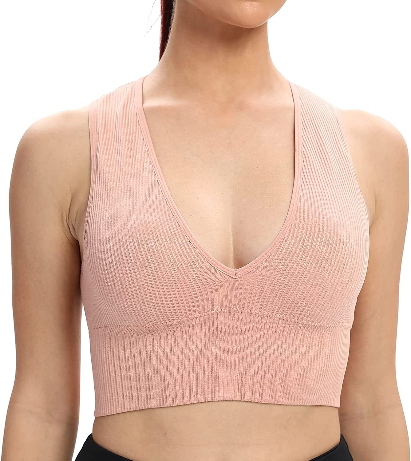 Women'S Sexy Sleeveless Seamless Crop Top Deep Plunge V Neck Ribbed Tank Top with Removable Pads Peach Beige / Small
