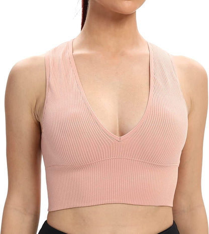 Women'S Sexy Sleeveless Seamless Crop Top Deep Plunge V Neck Ribbed Tank Top with Removable Pads Peach Beige / Small
