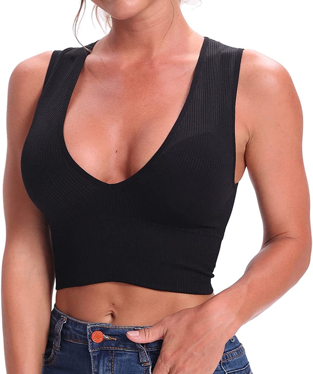 Women'S Sexy Sleeveless Seamless Crop Top Deep Plunge V Neck Ribbed Tank Top with Removable Pads Black / Medium