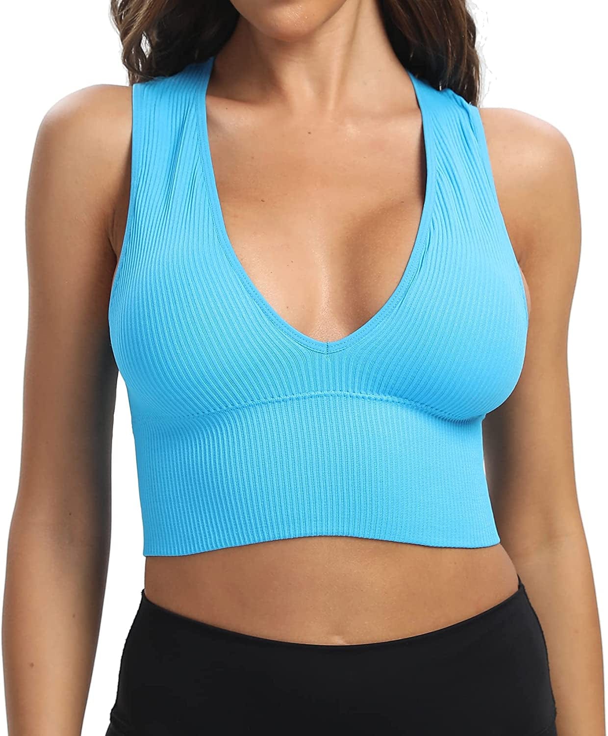 Women'S Sexy Sleeveless Seamless Crop Top Deep Plunge V Neck Ribbed Tank Top with Removable Pads Ocean Blue / Small