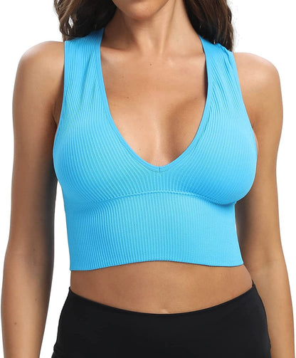 Women'S Sexy Sleeveless Seamless Crop Top Deep Plunge V Neck Ribbed Tank Top with Removable Pads Ocean Blue / Small