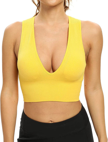 Women'S Sexy Sleeveless Seamless Crop Top Deep Plunge V Neck Ribbed Tank Top with Removable Pads Yellow / Medium