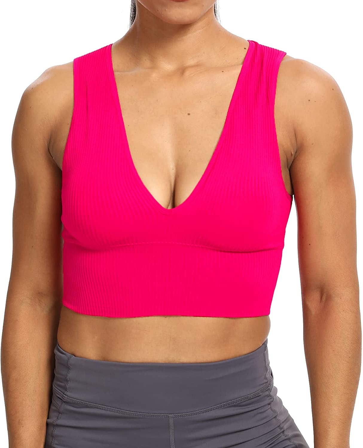 Women'S Sexy Sleeveless Seamless Crop Top Deep Plunge V Neck Ribbed Tank Top with Removable Pads Fuschia / Small